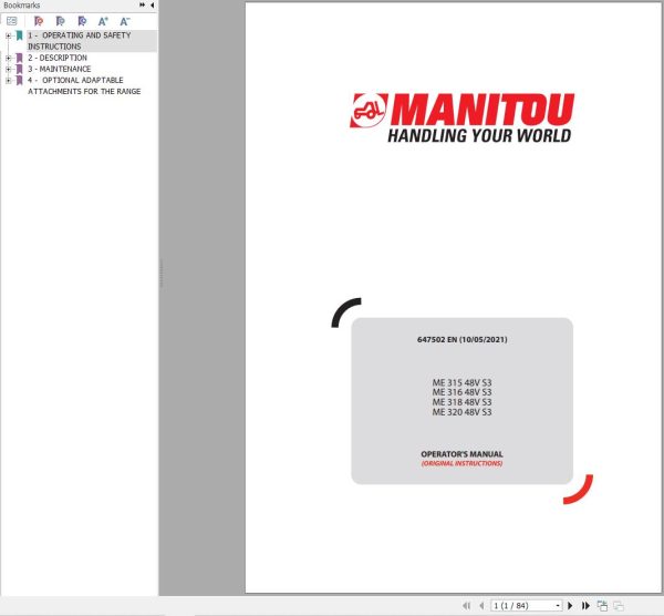 Manitou Forklift ME31548VS3 to ME32048VS3 Operators Manual 647502 EN