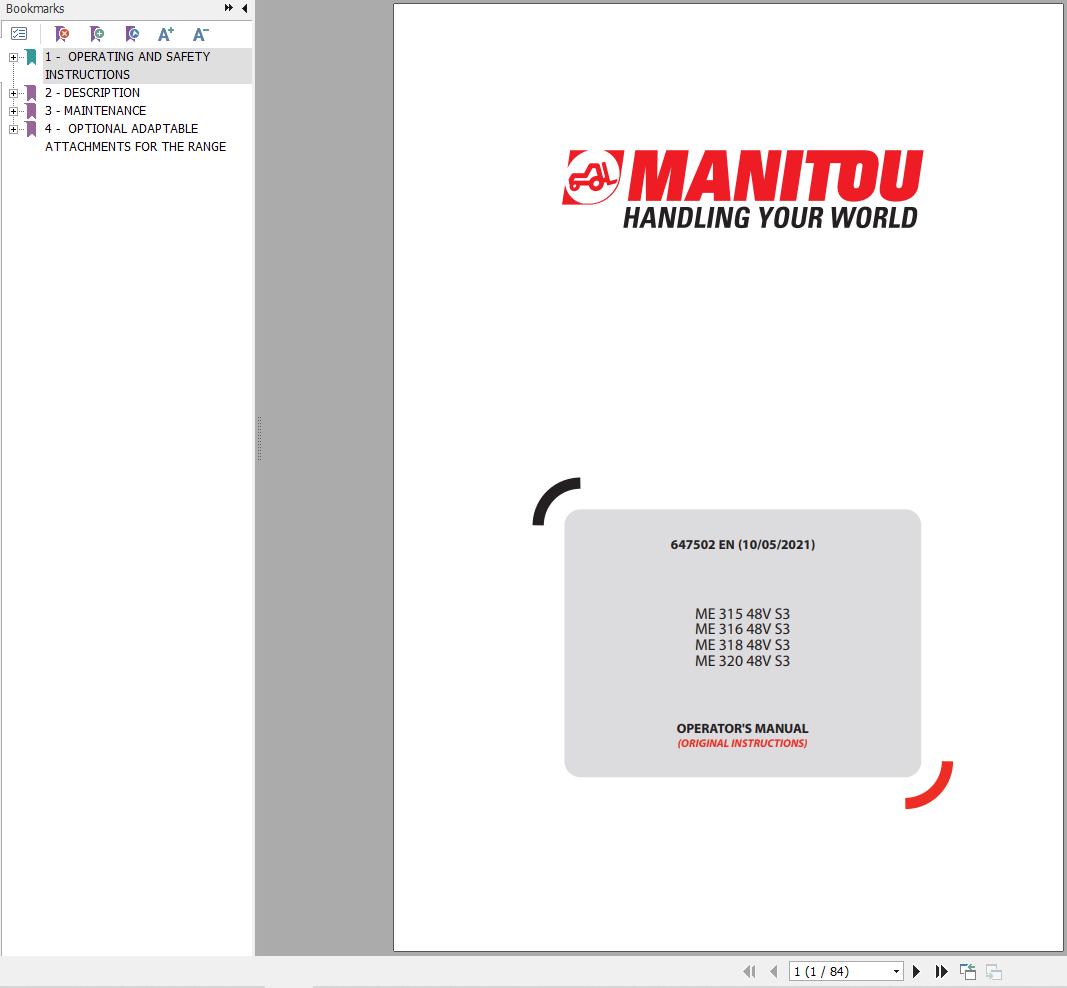 Manitou Forklift ME31548VS3 to ME32048VS3 Operators Manual 647502 EN