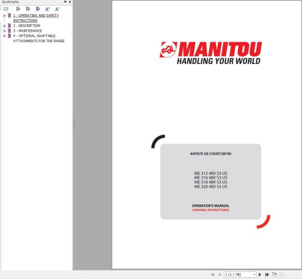 Manitou Forklift ME31548VS3US to ME32048VS3US Operators Manual 647675 US