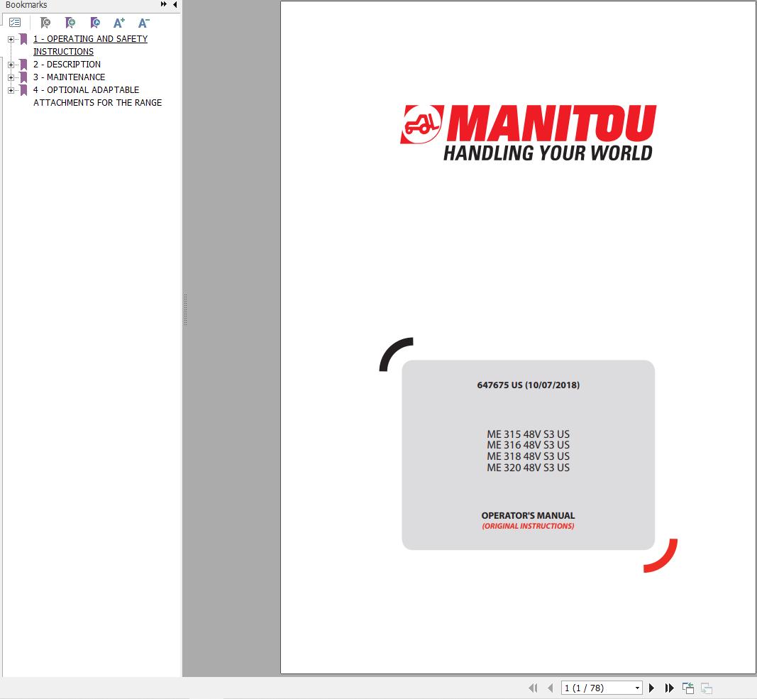 Manitou Forklift ME31548VS3US to ME32048VS3US Operators Manual 647675 US