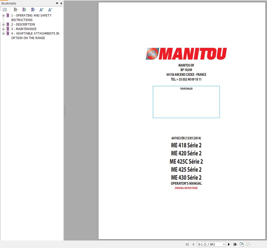 Manitou Forklift ME418 to ME430 Series 2 Operators Manual 647453 EN
