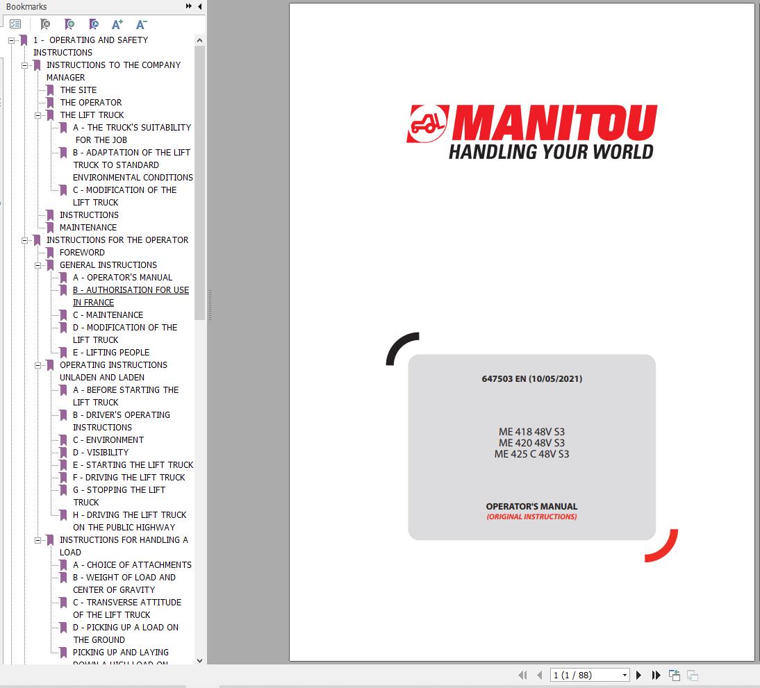 Manitou Forklift ME41848VS3 ME42048VS3 ME425C48VS3 Operators Manual 647503