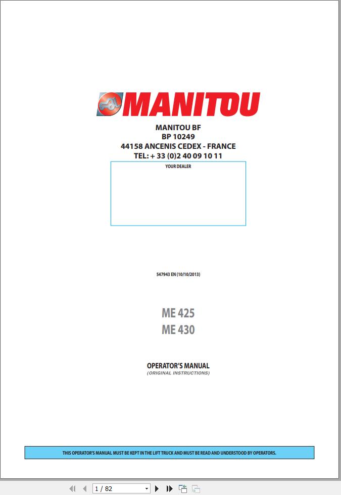 Manitou Forklift ME425 ME430 Operators Manual 547943 EN