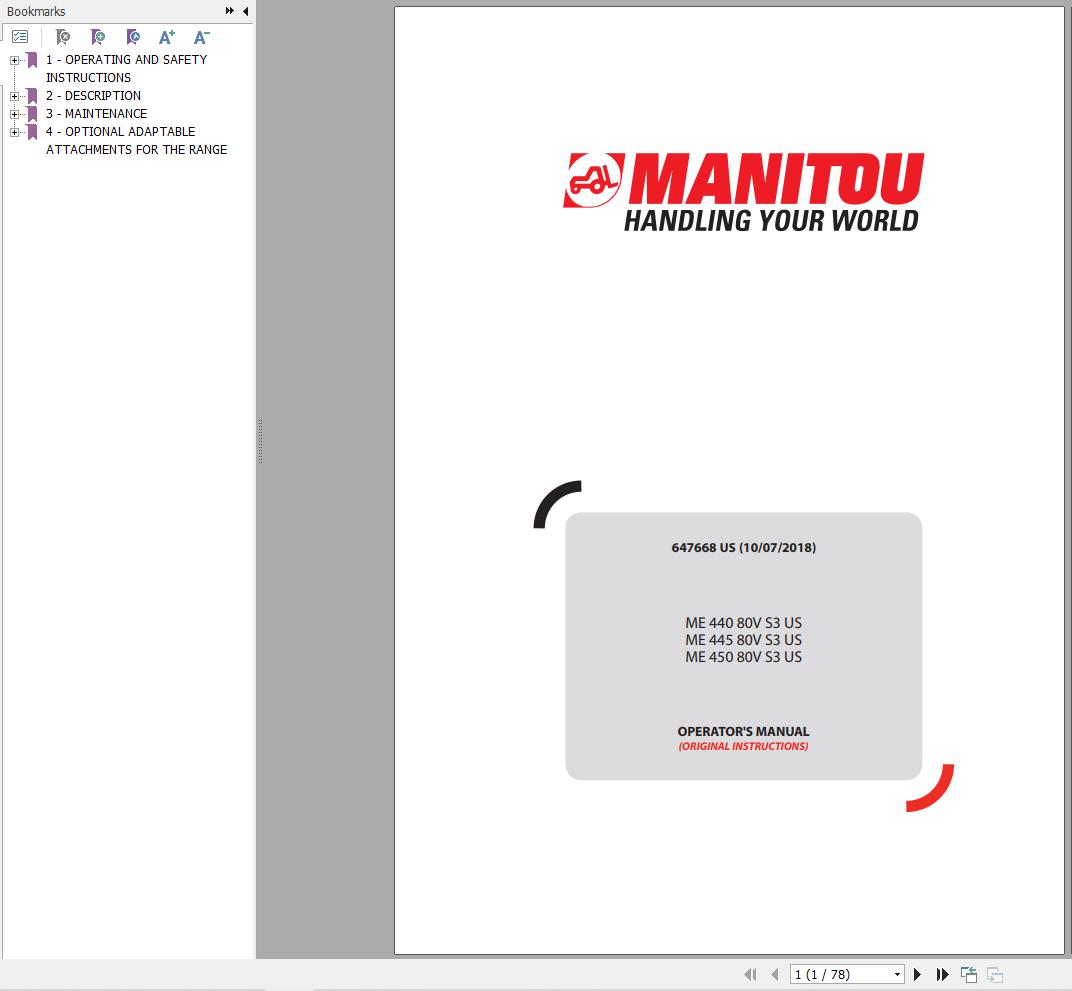 Manitou Forklift ME440 to ME450 80V S3 US Operators Manual 647668 US 1