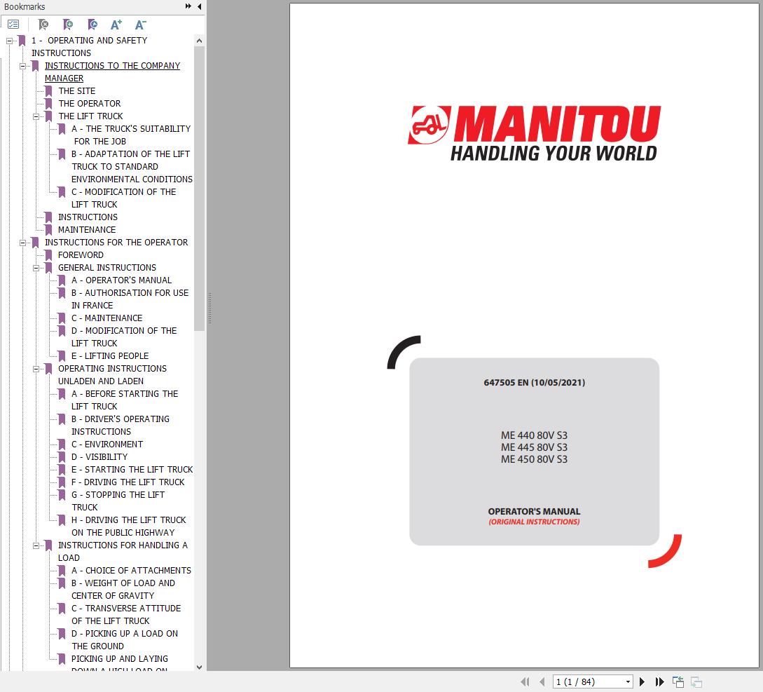 Manitou Forklift ME44080VS3 ME44580VS3 ME45080VS3 Operators Manual 647505
