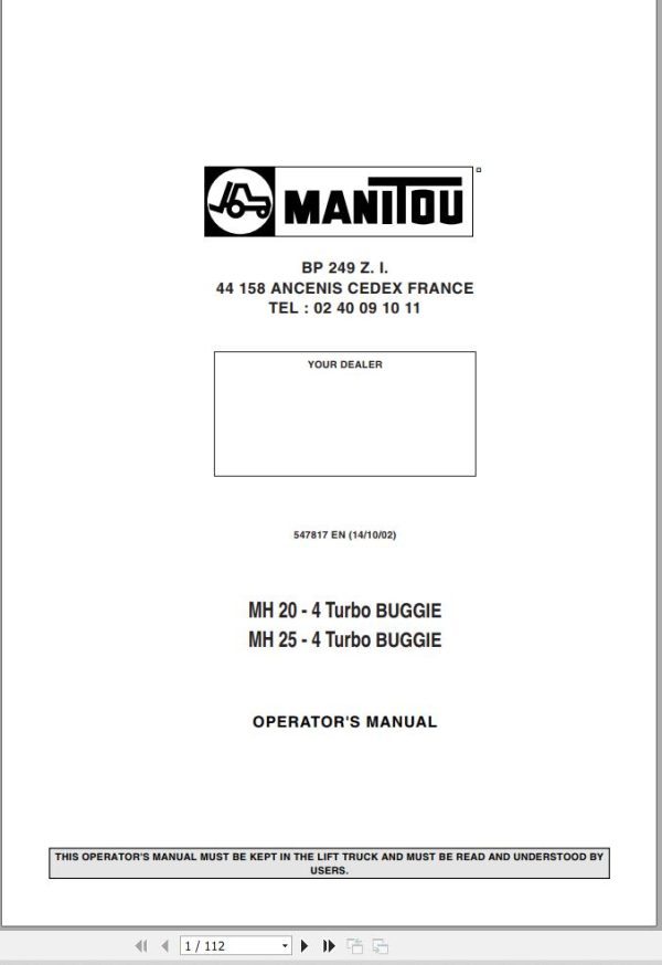Manitou Forklift MH20 4 MH25 4 Turbo Buggie Operators Manual 547817 EN