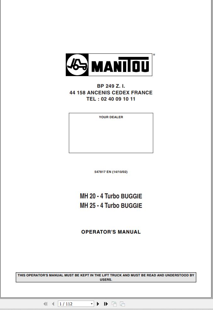 Manitou Forklift MH20 4 MH25 4 Turbo Buggie Operators Manual 547817 EN