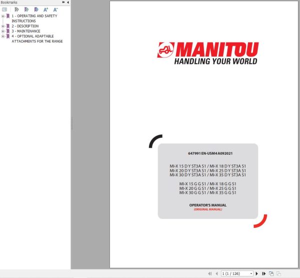 Manitou Forklift MI X15DYST3AS1 To MI X35GGS1 Operators Manual