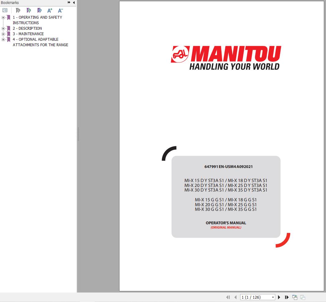 Manitou Forklift MI X15DYST3AS1 To MI X35GGS1 Operators Manual