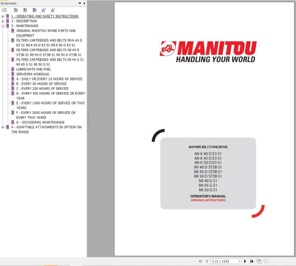 Manitou Forklift MI X40DE3S1 To MI50GS1 Operators Manual 647499 EN