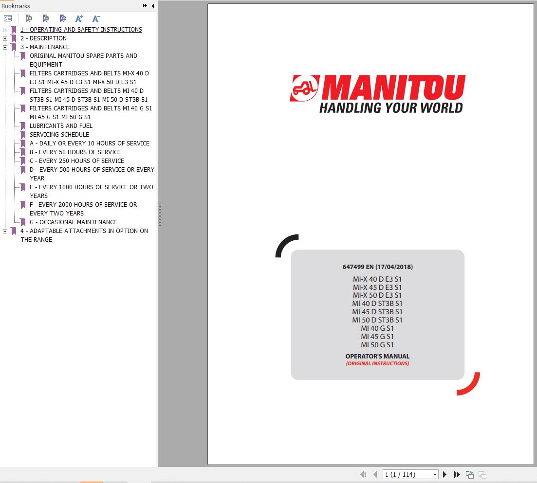 Manitou Forklift MI X40DE3S1 To MI50GS1 Operators Manual 647499 EN