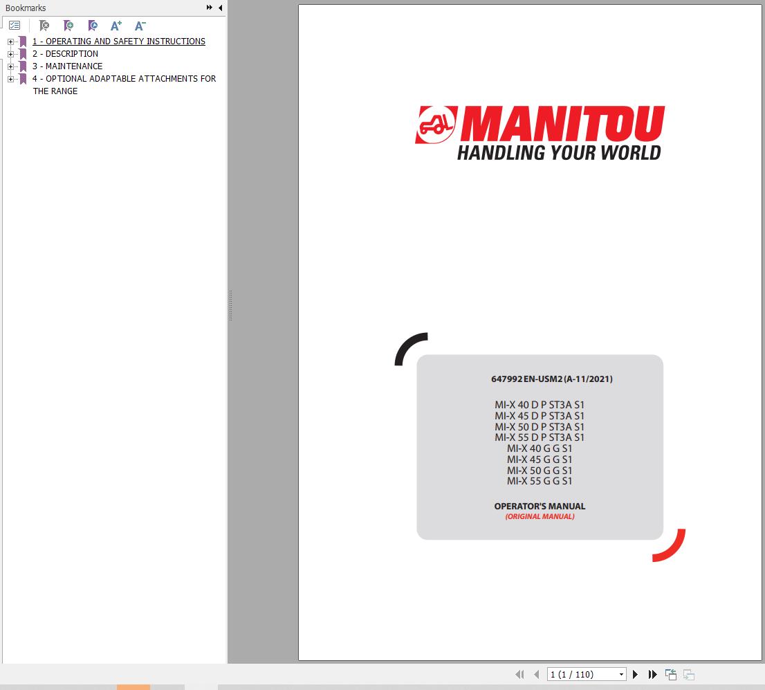 Manitou Forklift MI X40DPST3AS1 To MI X55GGS1 Operators Manual