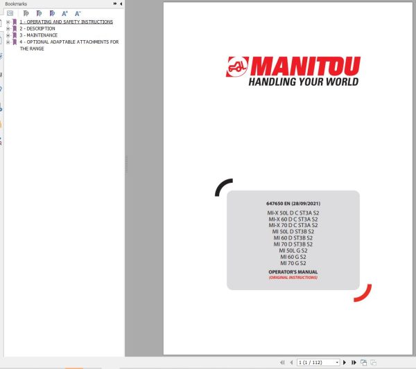 Manitou Forklift MI X50LDCST3AS2 To MI70GS2 Operator Manual 647650 EN