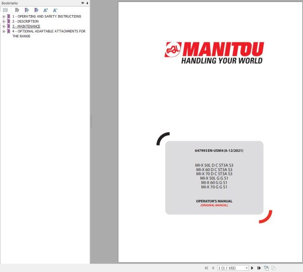 Manitou Forklift MI X50LDCST3AS3 To MI X70GGS1 Operator Manual