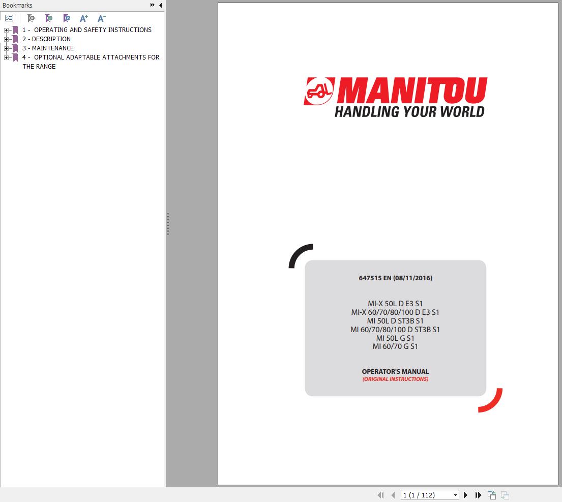 Manitou Forklift MI X50LDE3S1 To MI70GS1 Operators Manual 647515 EN