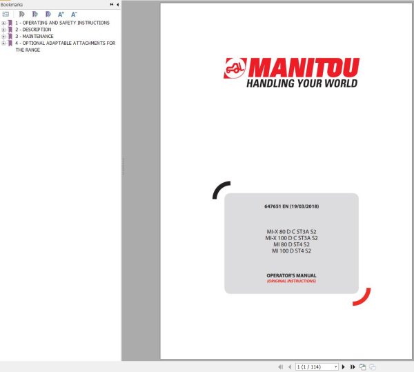 Manitou Forklift MI X80DCST3AS2 to MI100DST4S2 Operator Manual 647651 EN