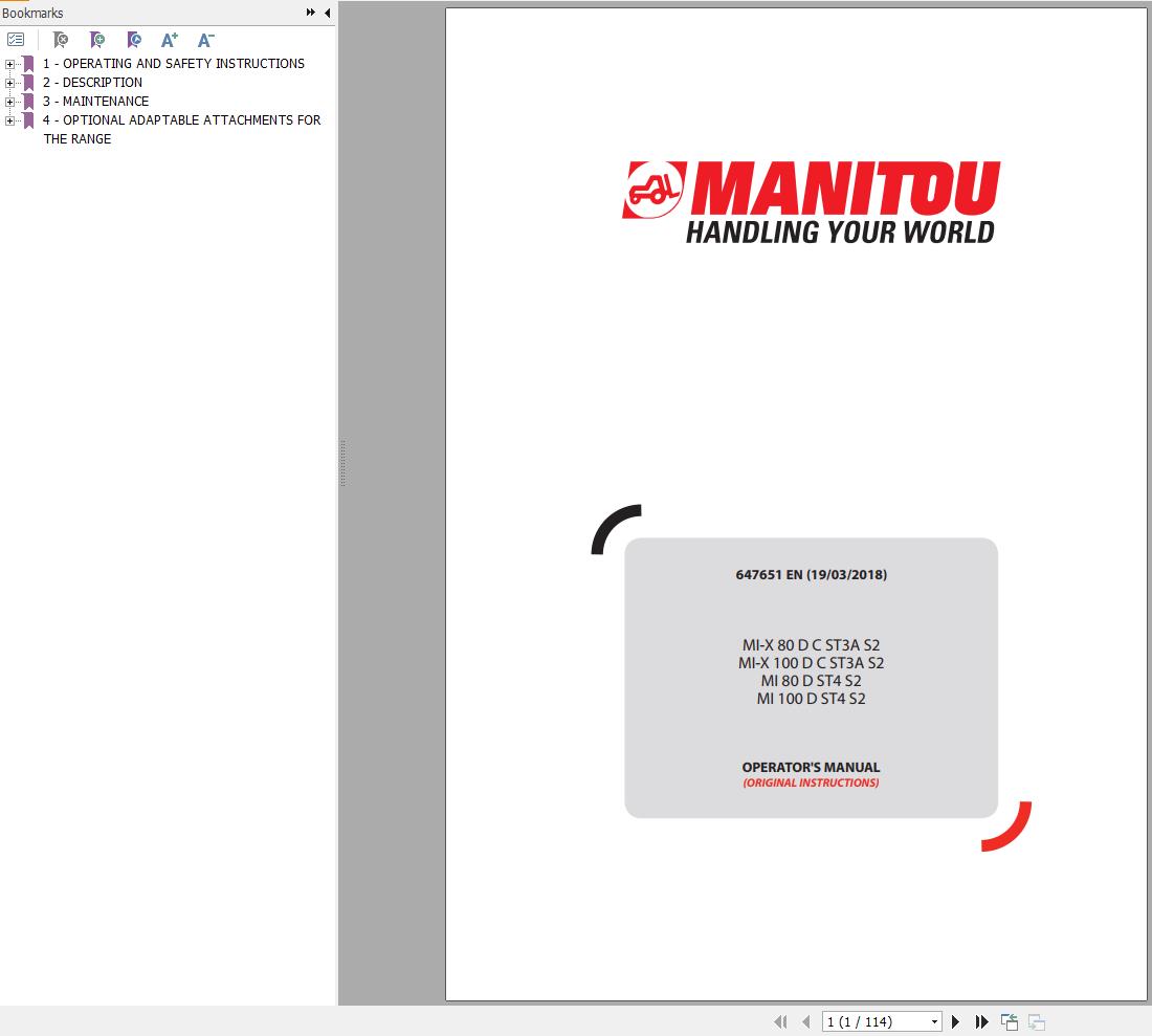 Manitou Forklift MI X80DCST3AS2 to MI100DST4S2 Operator Manual 647651 EN