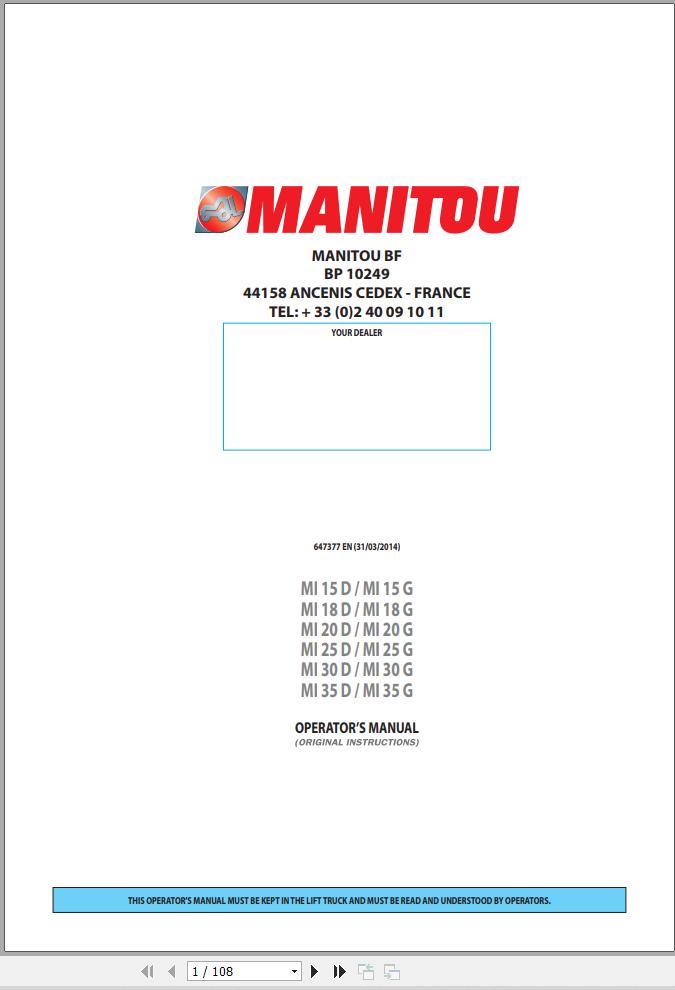 Manitou Forklift MI15D To MI35G Operators Manual 647377 EN