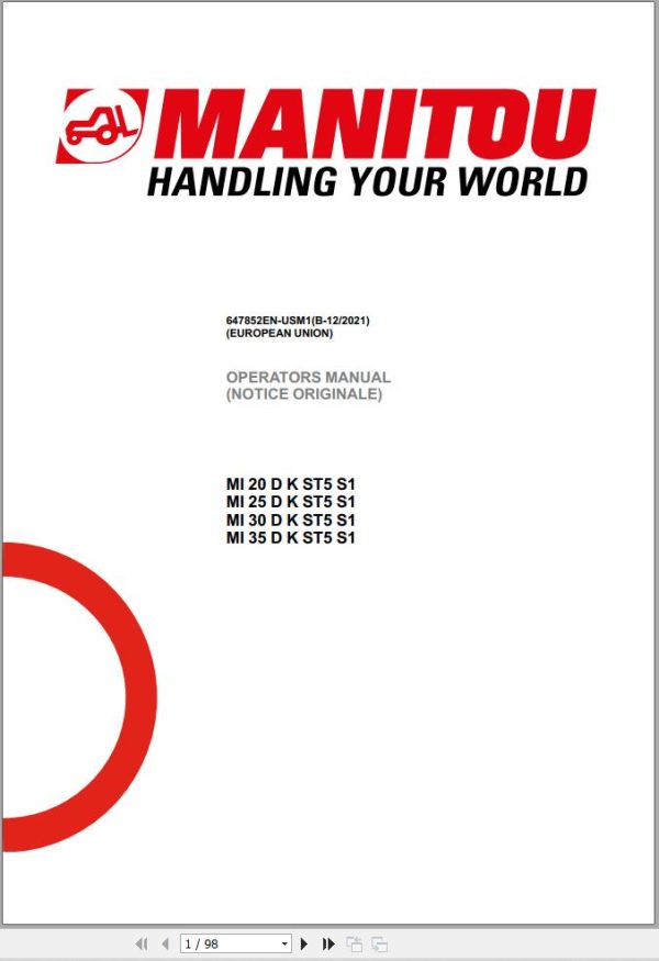 Manitou Forklift MI20 to MI35 DKST5S1 Operator Manual 647852EN USM1B122021
