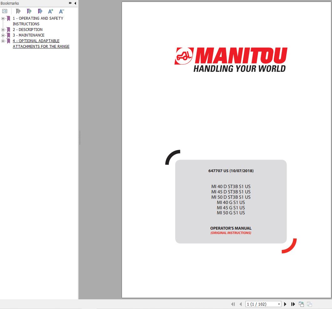 Manitou Forklift MI40DST3BS1US To MI50GS1US Operators Manual 647707 US