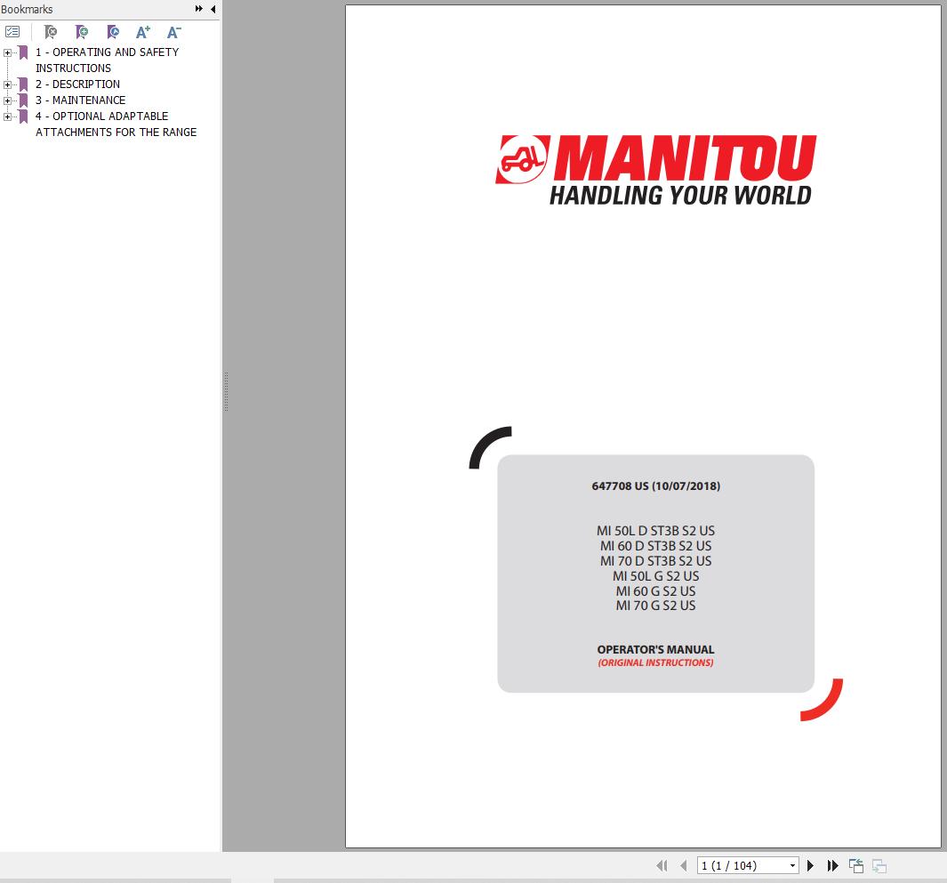 Manitou Forklift MI50LDST3BS2US To MI70GS2US Operators Manual 647708 US