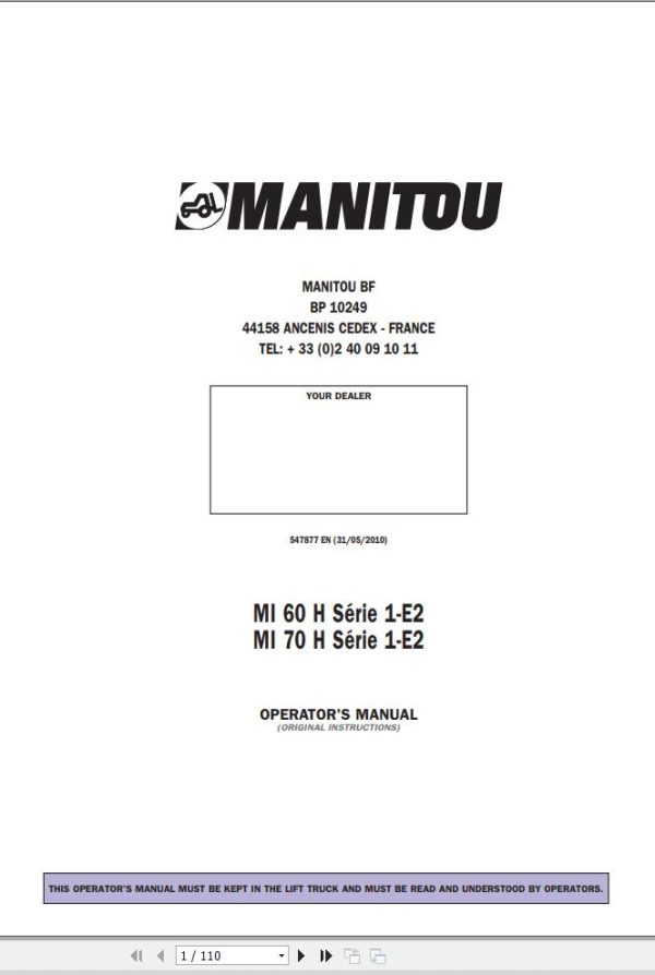 Manitou Forklift MI60H Series 1 E2 MI70H Series 1 E2 Operators Manual 547877 EN