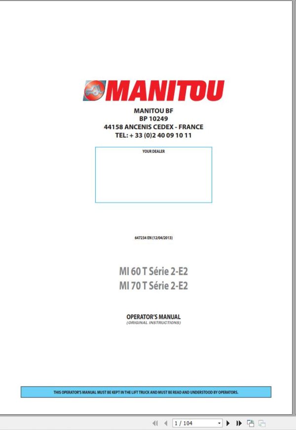 Manitou Forklift MI60T Series 2 E2 MI70T Series 2 E2 Operator Manual 647234 EN
