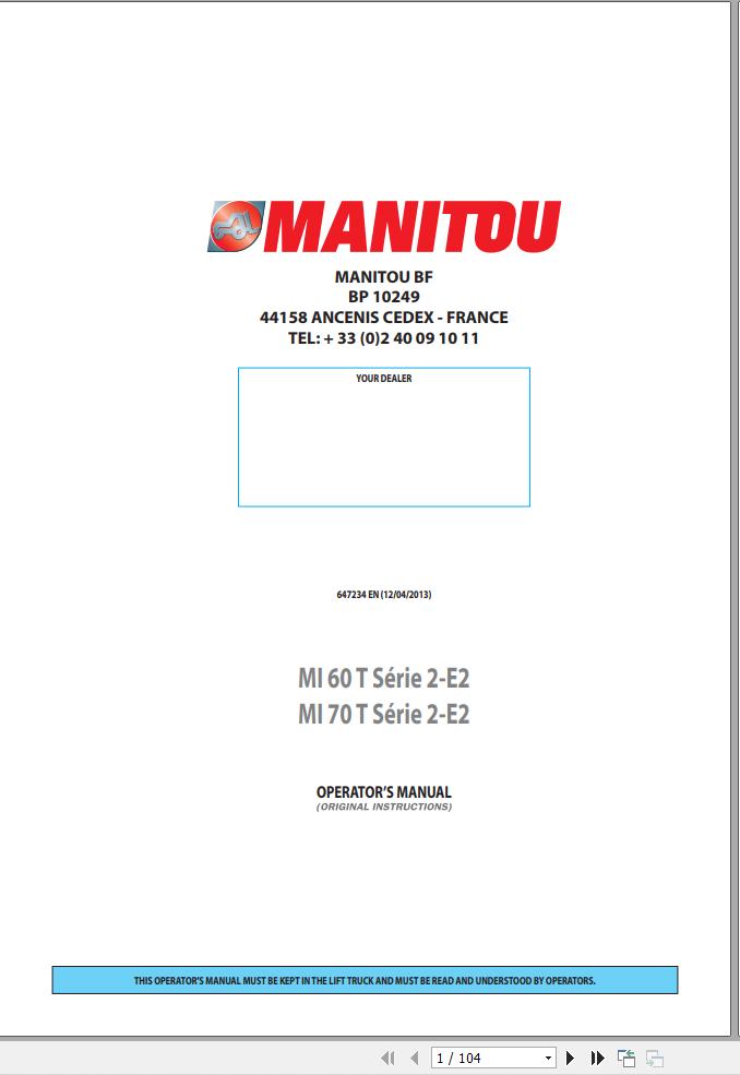 Manitou Forklift MI60T Series 2 E2 MI70T Series 2 E2 Operator Manual 647234 EN