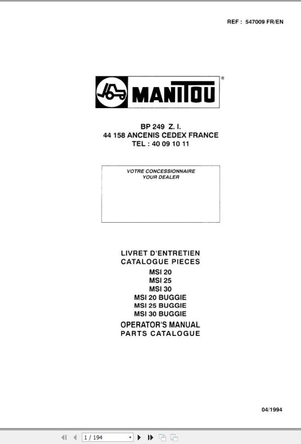 Manitou Forklift MSI20 to MSI30 BUGGIE Operator Parts Manual 547009 FR EN