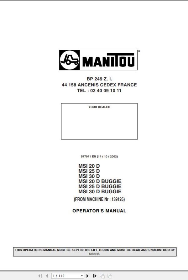 Manitou Forklift MSI20D to MSI30D BUGGIE Operator Manual