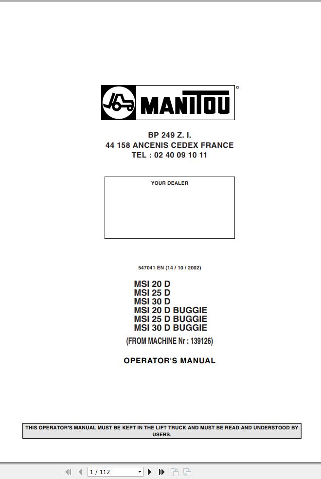 Manitou Forklift MSI20D to MSI30D BUGGIE Operator Manual