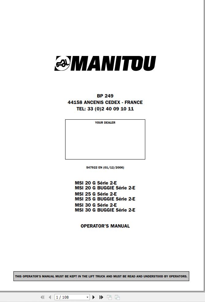 Manitou Forklift MSI20G To MSI30G BUGGIE Series2 E Operator Manual 547922 EN