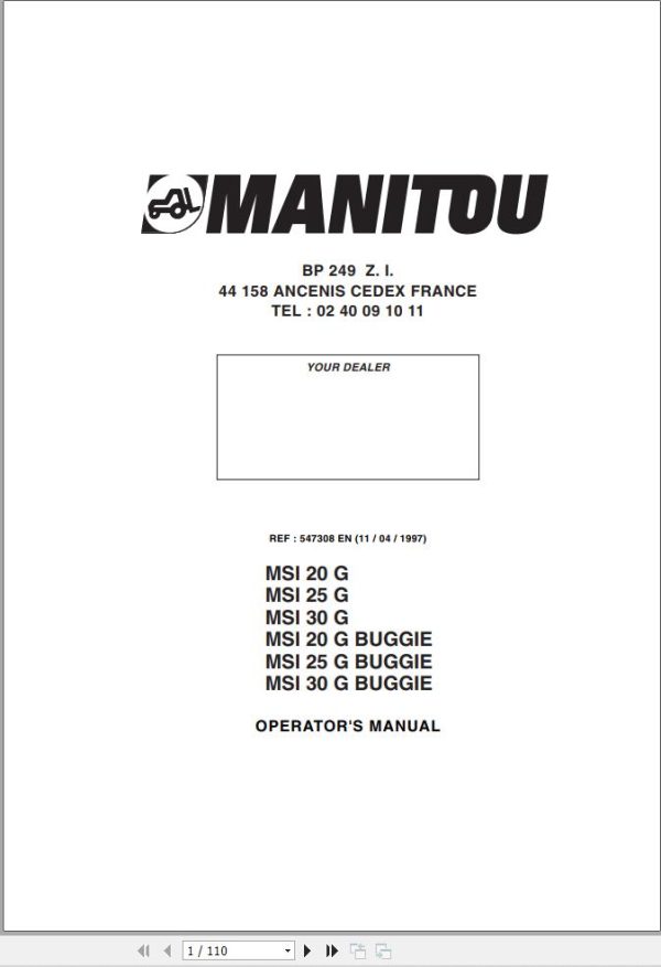 Manitou Forklift MSI20G to MSI30G BUGGIE Operators Manual 547308 EN