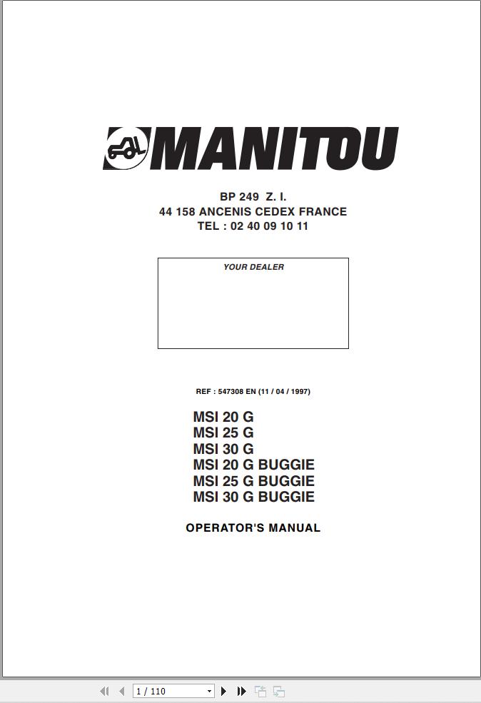 Manitou Forklift MSI20G to MSI30G BUGGIE Operators Manual 547308 EN