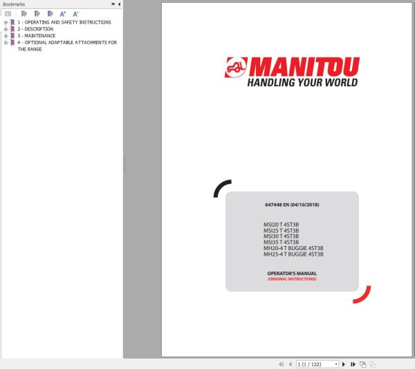 Manitou Forklift MSI20T 4ST3B To MH25 4T BUGGIE 4ST3B Operator Manual