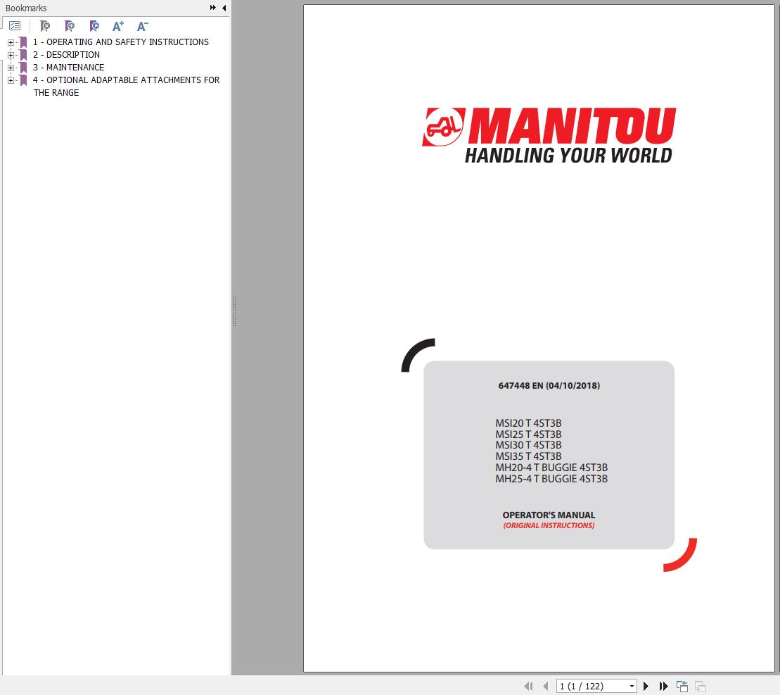 Manitou Forklift MSI20T 4ST3B To MH25 4T BUGGIE 4ST3B Operator Manual