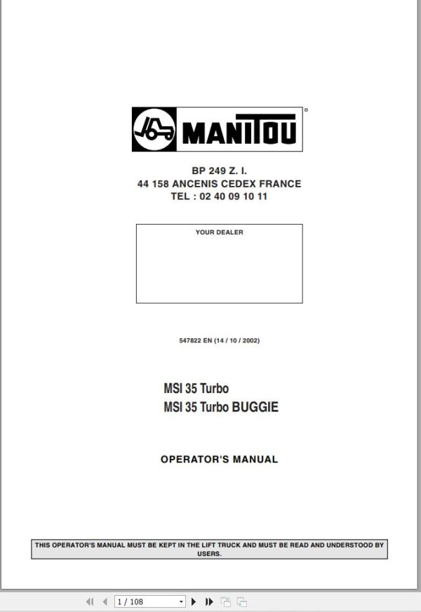 Manitou Forklift MSI35 Turbo MSI35 Turbo BUGGIE Operator Manual 547822 EN