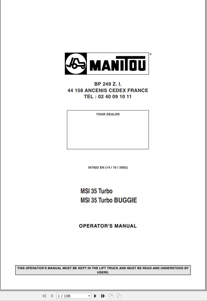 Manitou Forklift MSI35 Turbo MSI35 Turbo BUGGIE Operator Manual 547822 EN