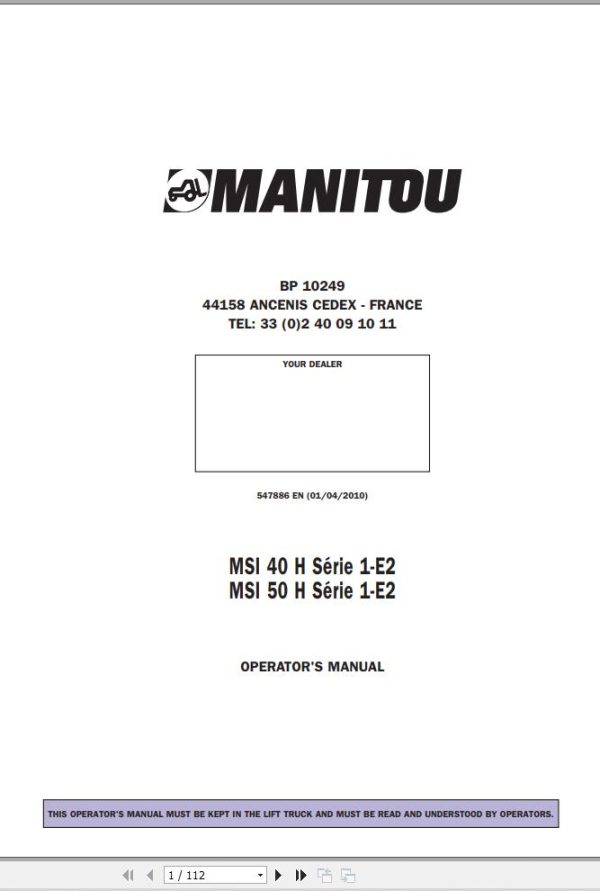 Manitou Forklift MSI40H MSI50H Series 1 E2 Operators Manual 547886 EN