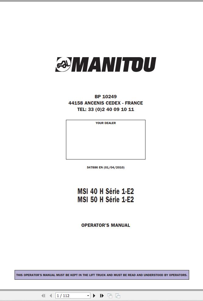 Manitou Forklift MSI40H MSI50H Series 1 E2 Operators Manual 547886 EN