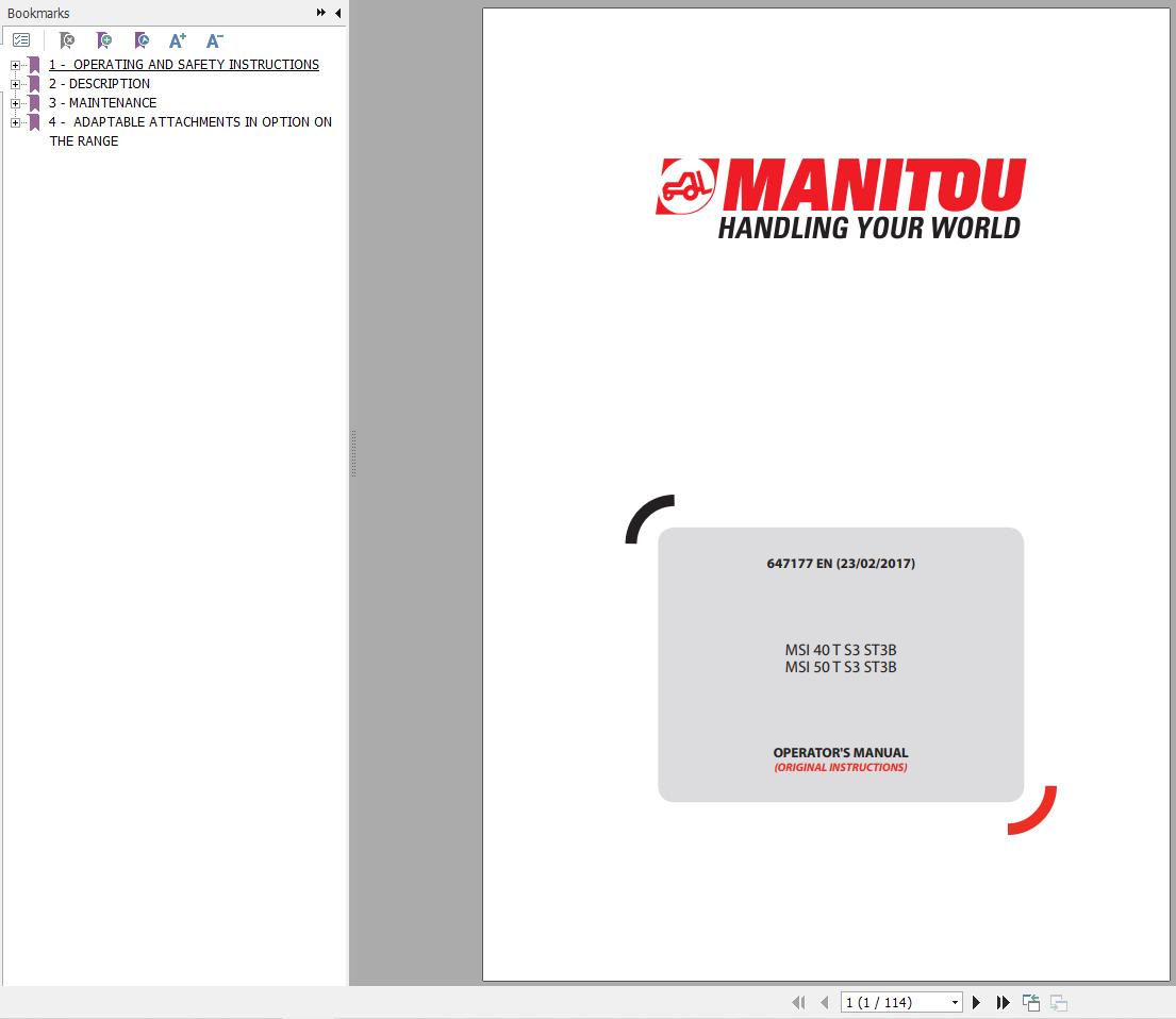 Manitou Forklift MSI40TS3ST3B MSI50TS3ST3B Operator Manual 647177 EN