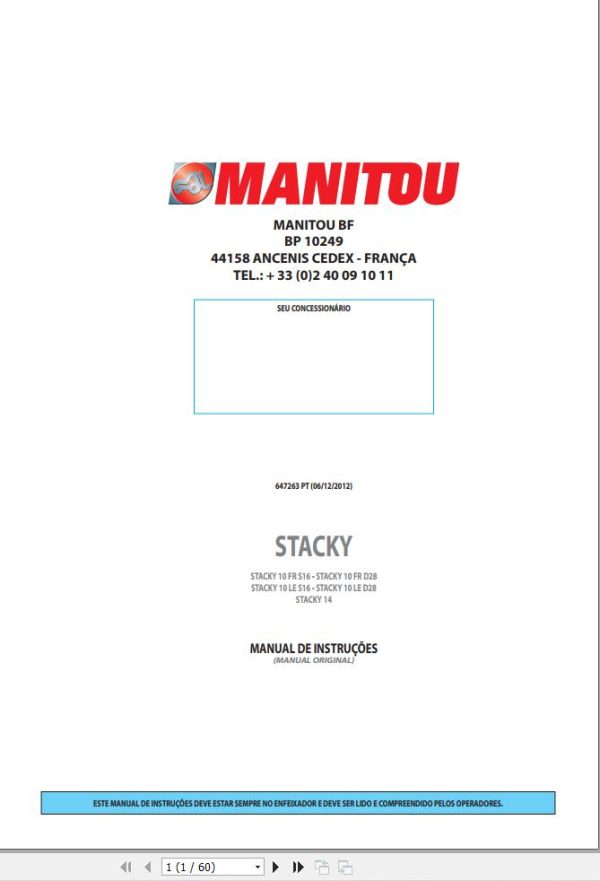 Manitou Forklift STACKY10FRS16 to STACKY14 Instructions Manual 647263 PT