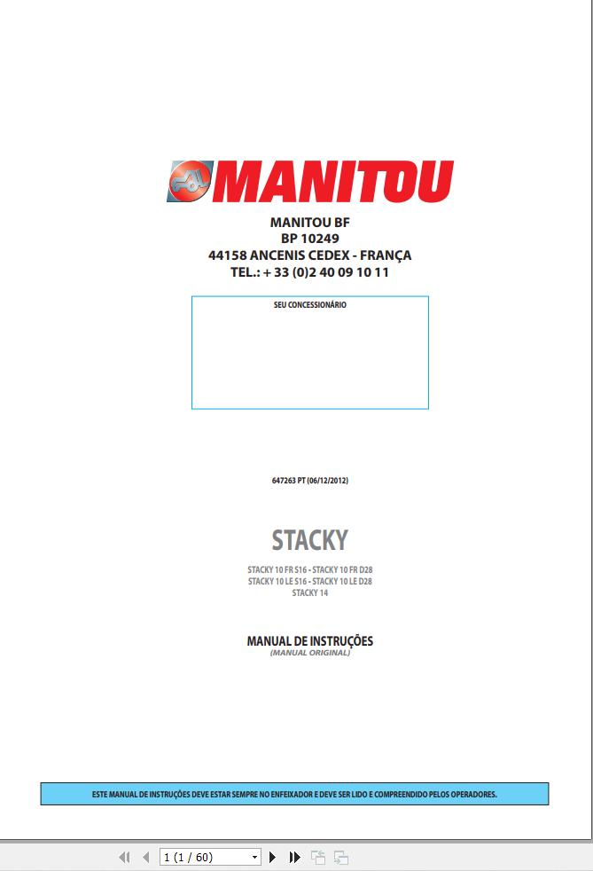 Manitou Forklift STACKY10FRS16 to STACKY14 Instructions Manual 647263 PT
