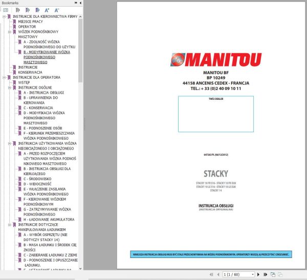 Manitou Forklift STACKY10FRS16 to STACKY14 Operator Manual 647263 PL