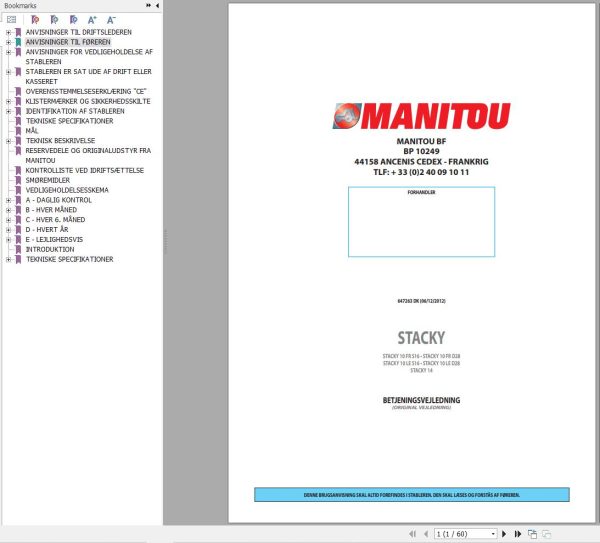Manitou Forklift STACKY10FRS16 to STACKY14 Operators Manual 647263 DK
