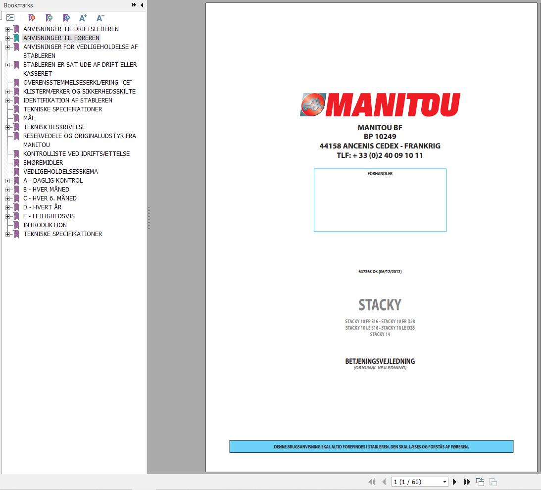 Manitou Forklift STACKY10FRS16 to STACKY14 Operators Manual 647263 DK