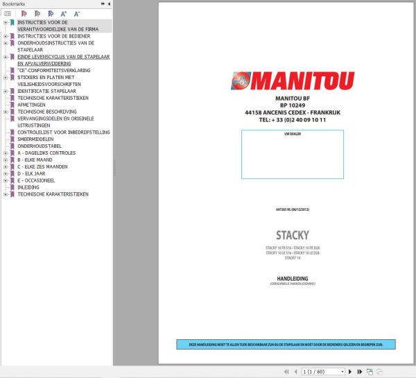 Manitou Forklift STACKY10FRS16 to STACKY14 Operators Manual 647263 NL
