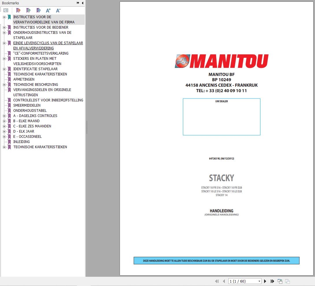 Manitou Forklift STACKY10FRS16 to STACKY14 Operators Manual 647263 NL