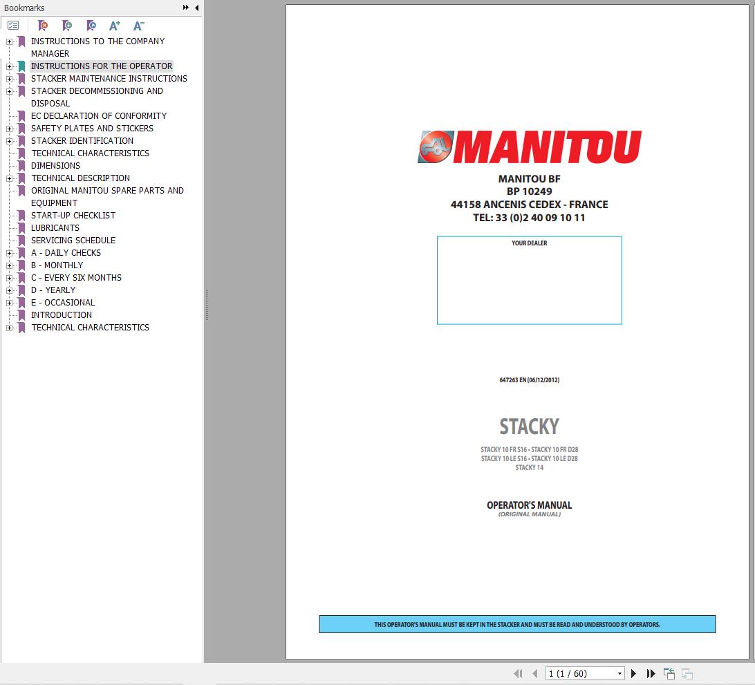 Manitou Forklift STACKY10FRS16 to STACKY14 Operators Manual 647263