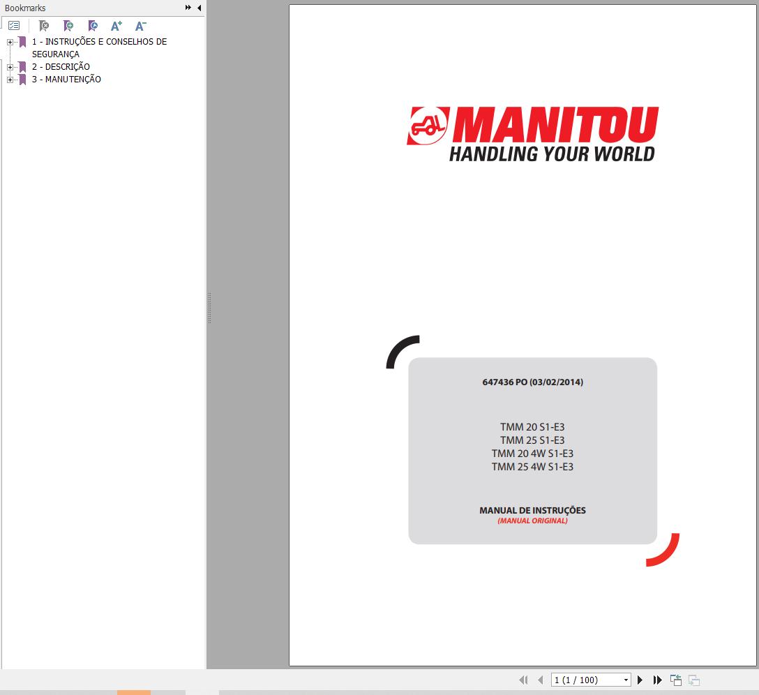 Manitou Forklift TMM20S1 E3 to TMM254WS1 E3 Instructions Manual 647436 PT